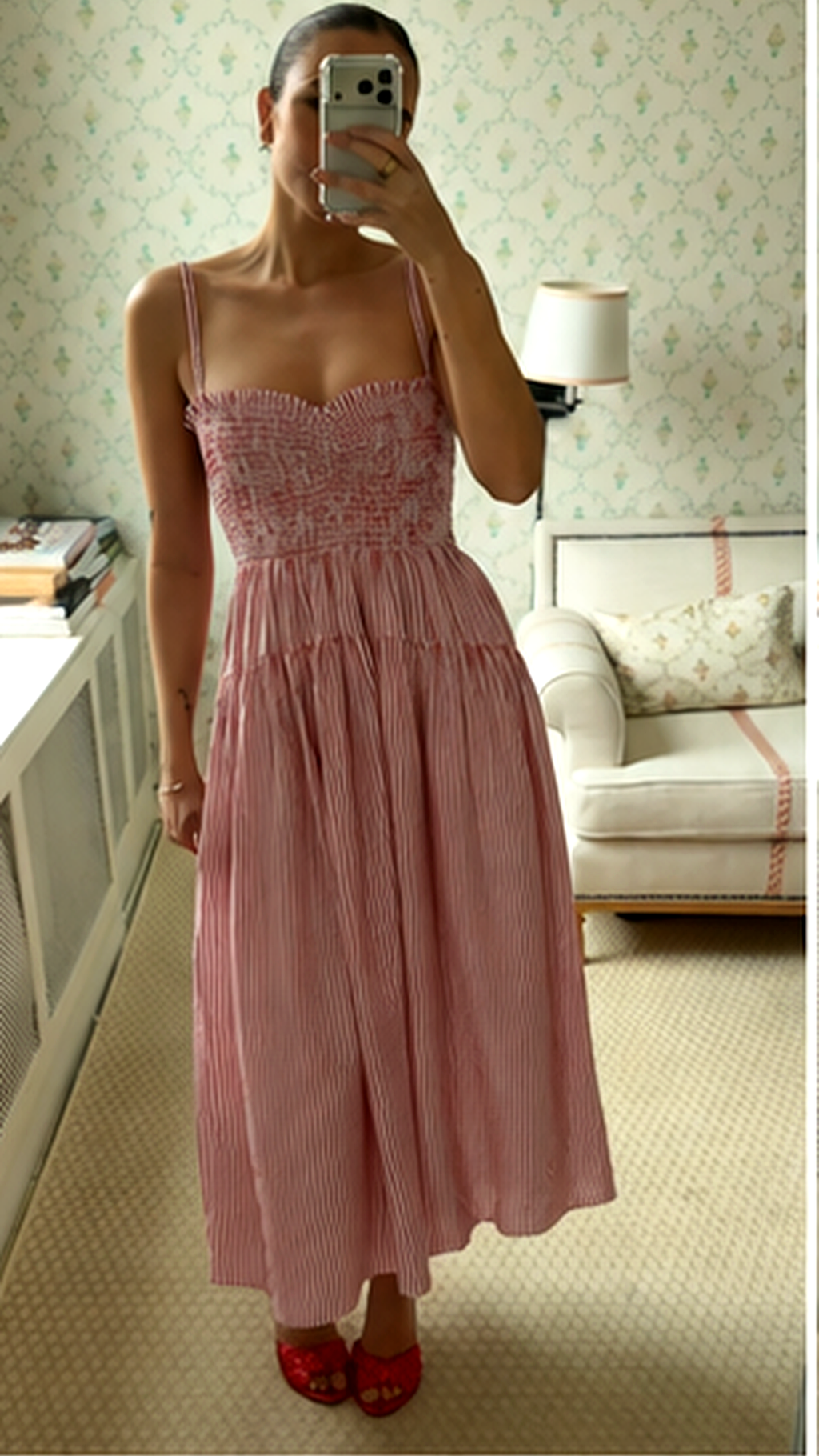 Sweetheart Striped Smocked Midi Dress