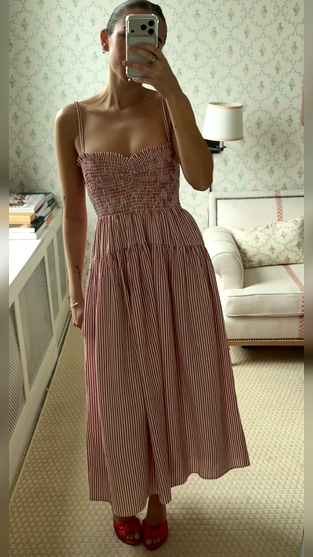 Sweetheart Striped Smocked Midi Dress