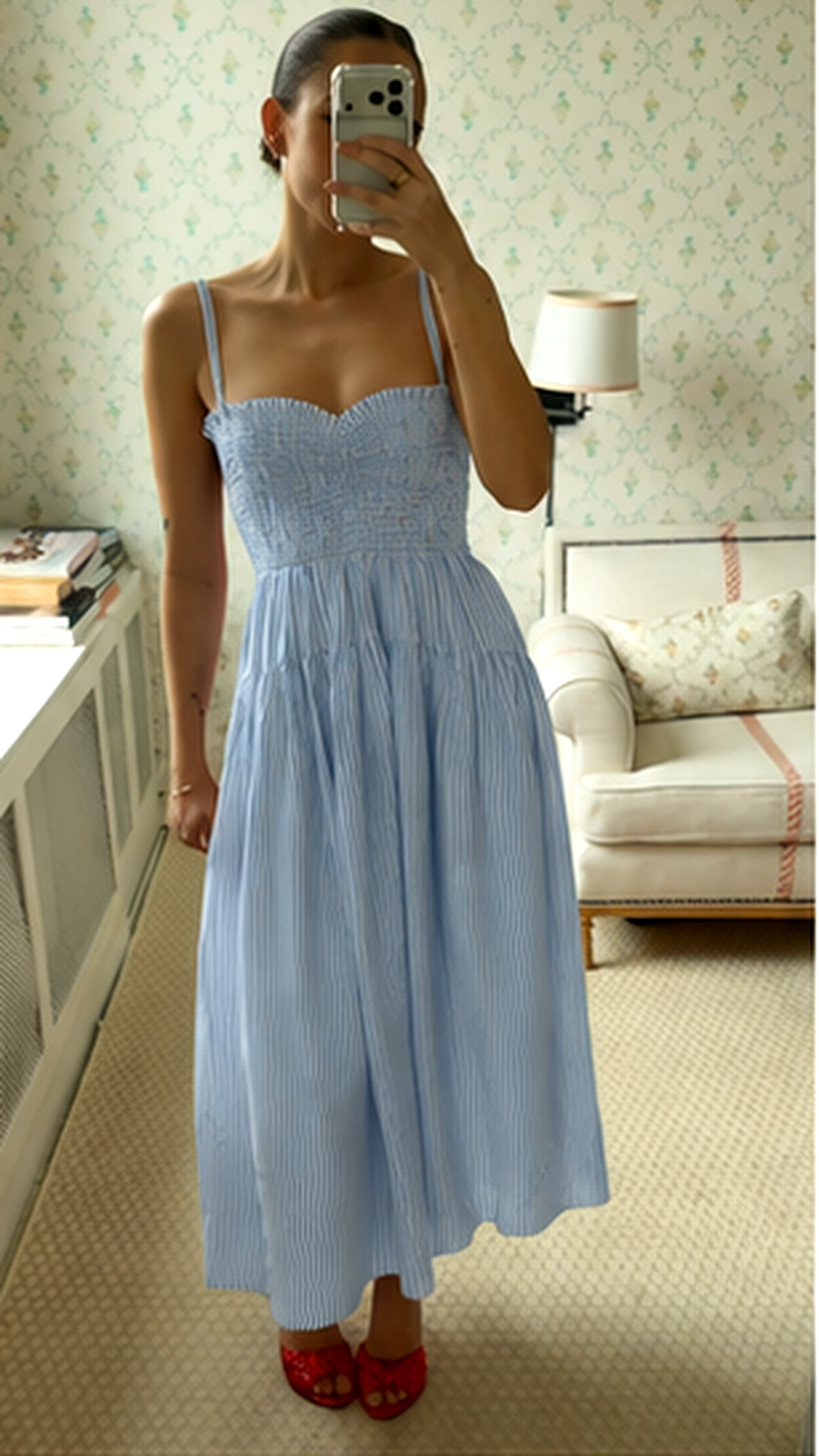Sweetheart Striped Smocked Midi Dress