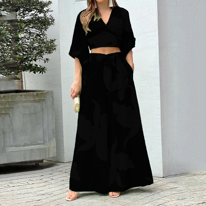 Fashionable Casual Top And High-waisted Wide-leg Pants Set