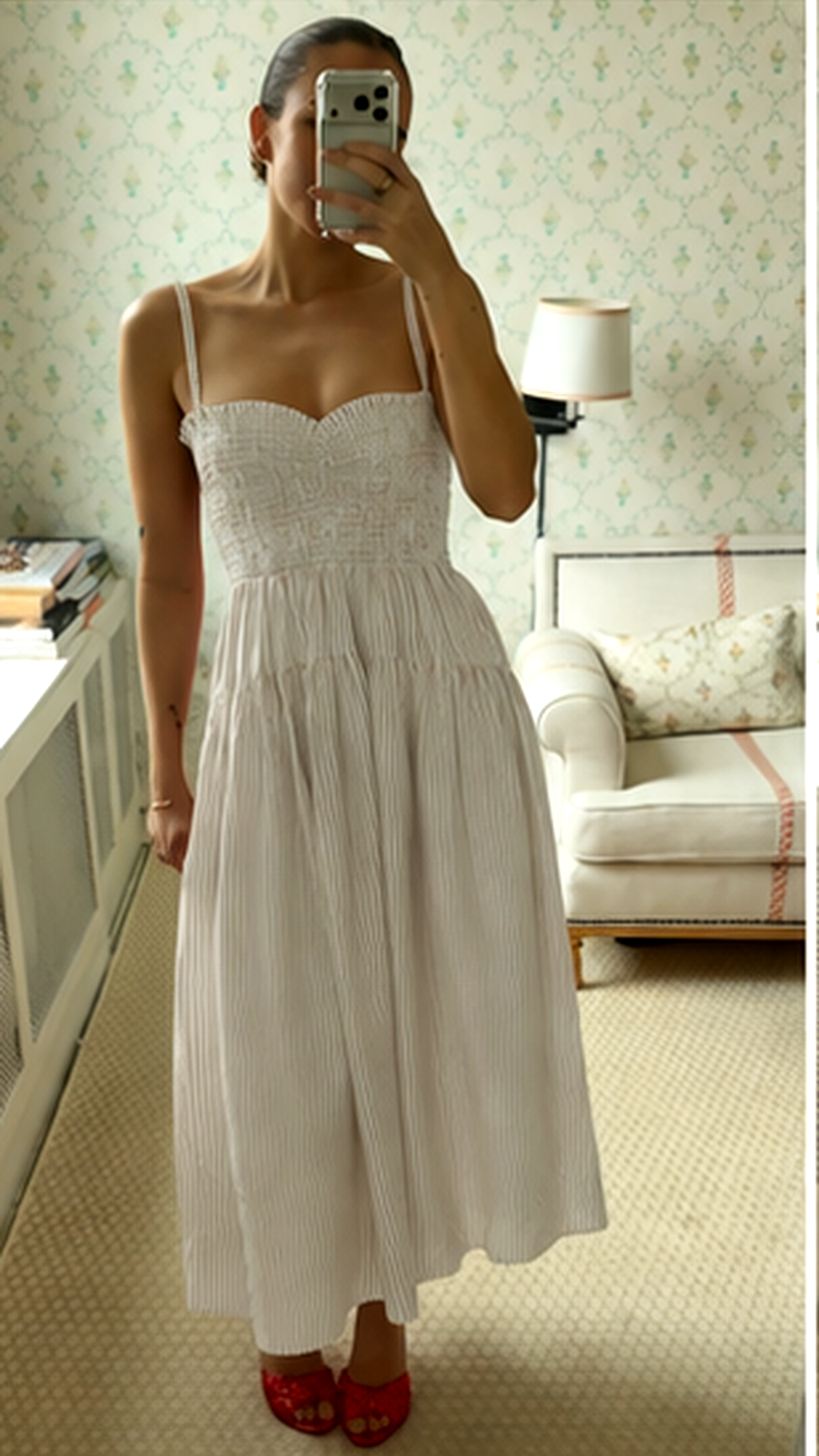 Sweetheart Striped Smocked Midi Dress