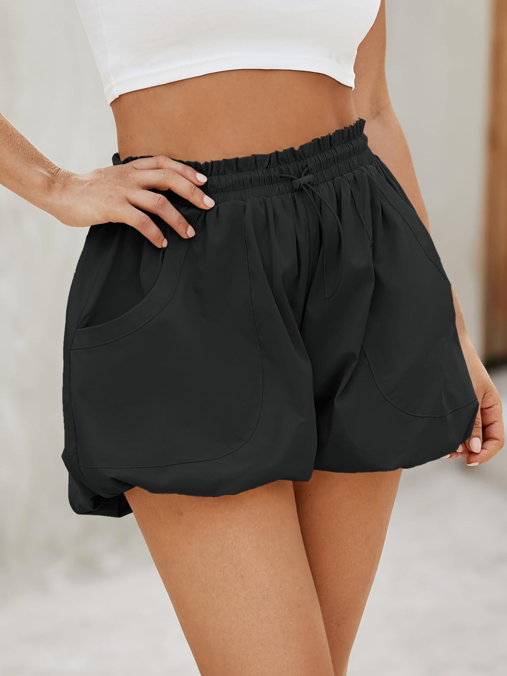 Fisoew Womens Summer Bubble Shorts Casual High Waisted Workout Puffy Shorts With Pockets