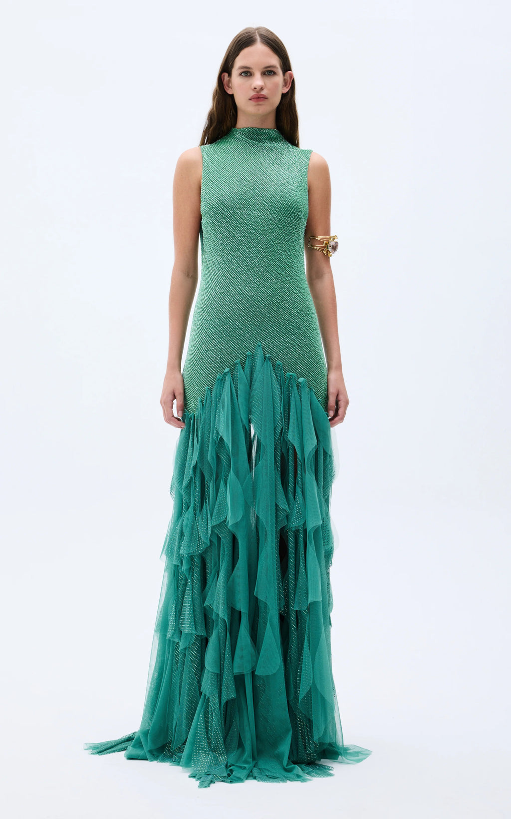 Sequin Tulle Ruffle Maxi Dress