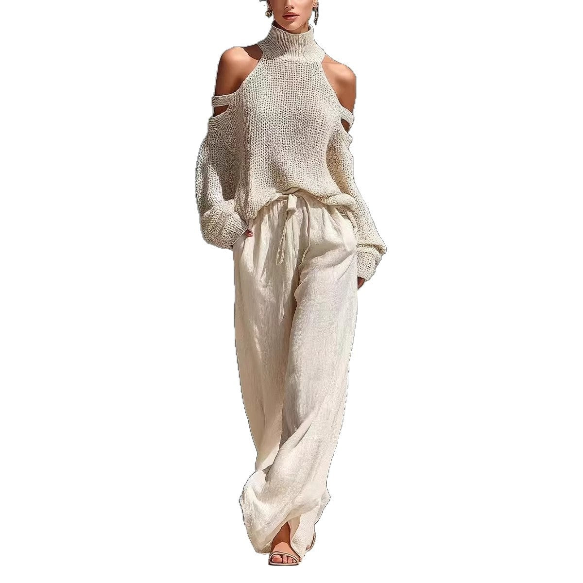 Womens Long-Sleeve Turtleneck Top And Pants Two-Piece Set