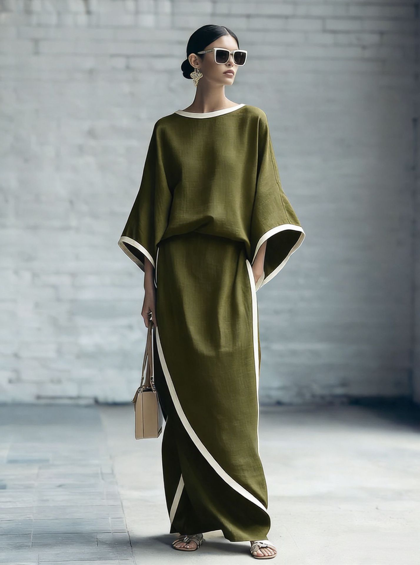 Loose-fitting Womens Batwing-sleeve Robe And Wide-leg Pants Two-piece Set