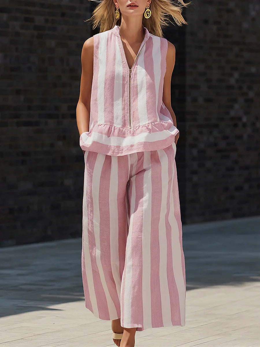 Zip-up Stand-up Collar Shirt And Sleeveless Striped Trousers Two-piece Set