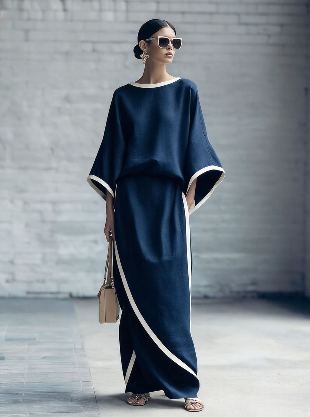 Loose-fitting Womens Batwing-sleeve Robe And Wide-leg Pants Two-piece Set