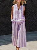 Zip-up Stand-up Collar Shirt And Sleeveless Striped Trousers Two-piece Set