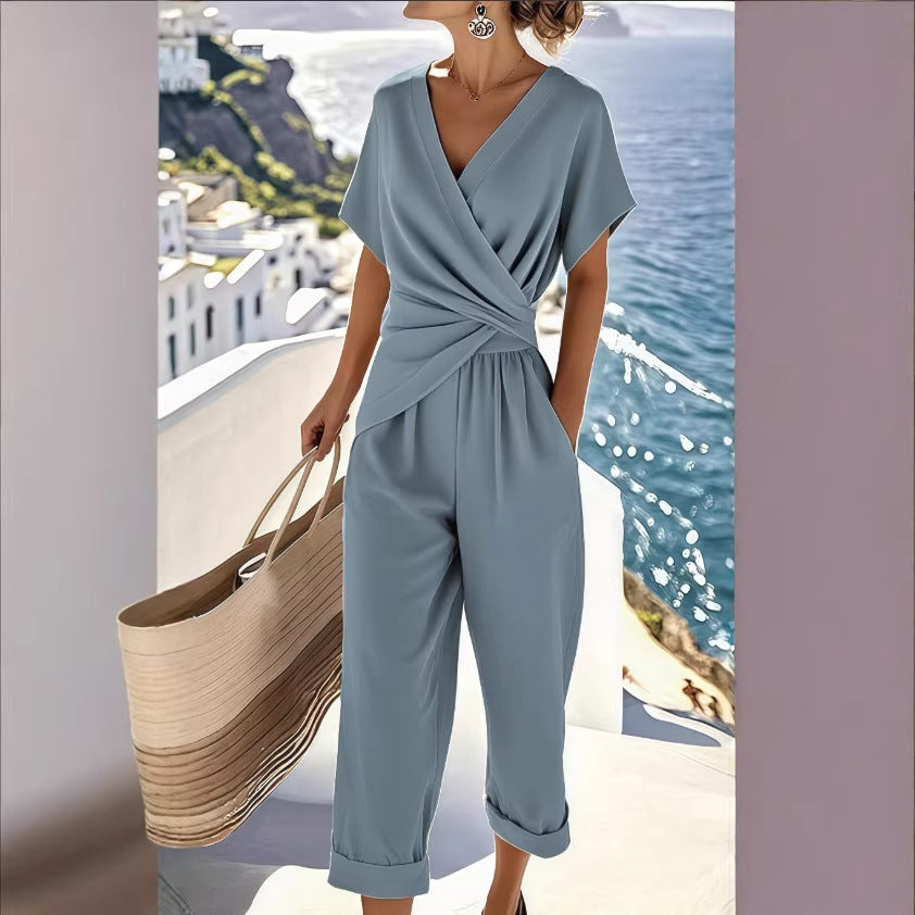Women's Casual Fashion Solid Color Irregular Short-Sleeve Set