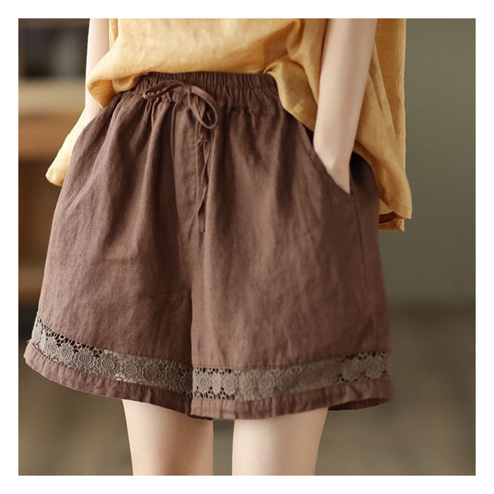 Thin Elastic-Waist Lace-up Hollowed-Out Casual Cotton-Linen Straight Pants