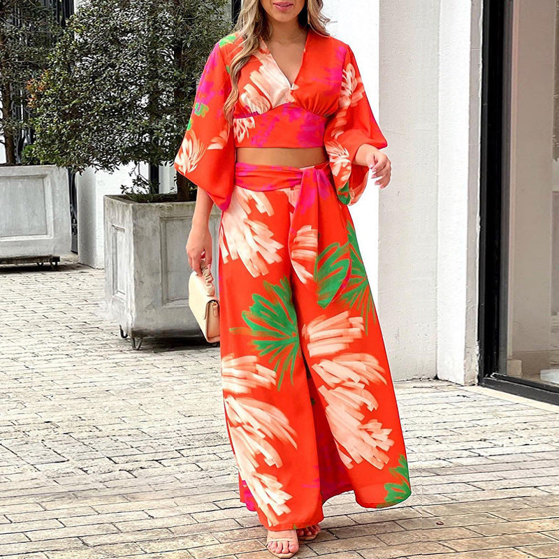 Fashionable Casual Top And High-waisted Wide-leg Pants Set