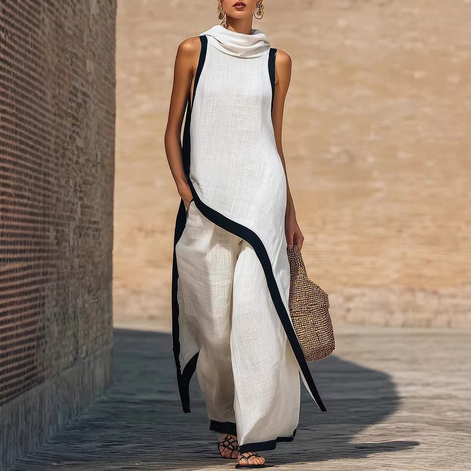 Irregular-cut Hooded Sleeveless Set