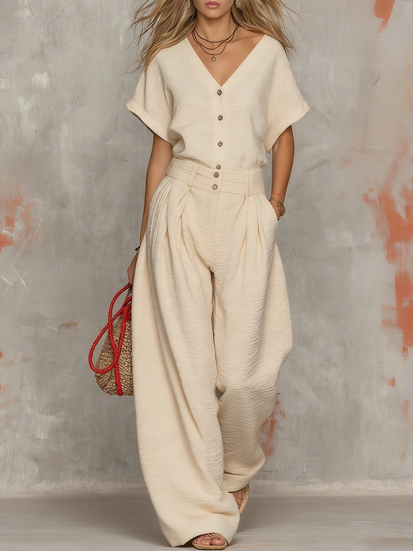 Solid-color V-neck Short-sleeve Top And Wide-leg Pants Set
