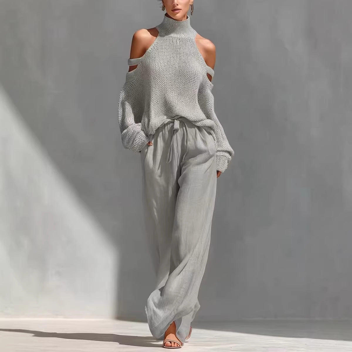 Womens Long-Sleeve Turtleneck Top And Pants Two-Piece Set