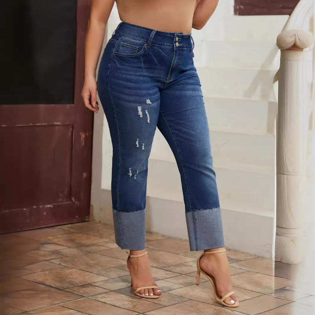 Womens High-Waist Straight-Leg Ripped Stretch Jeans