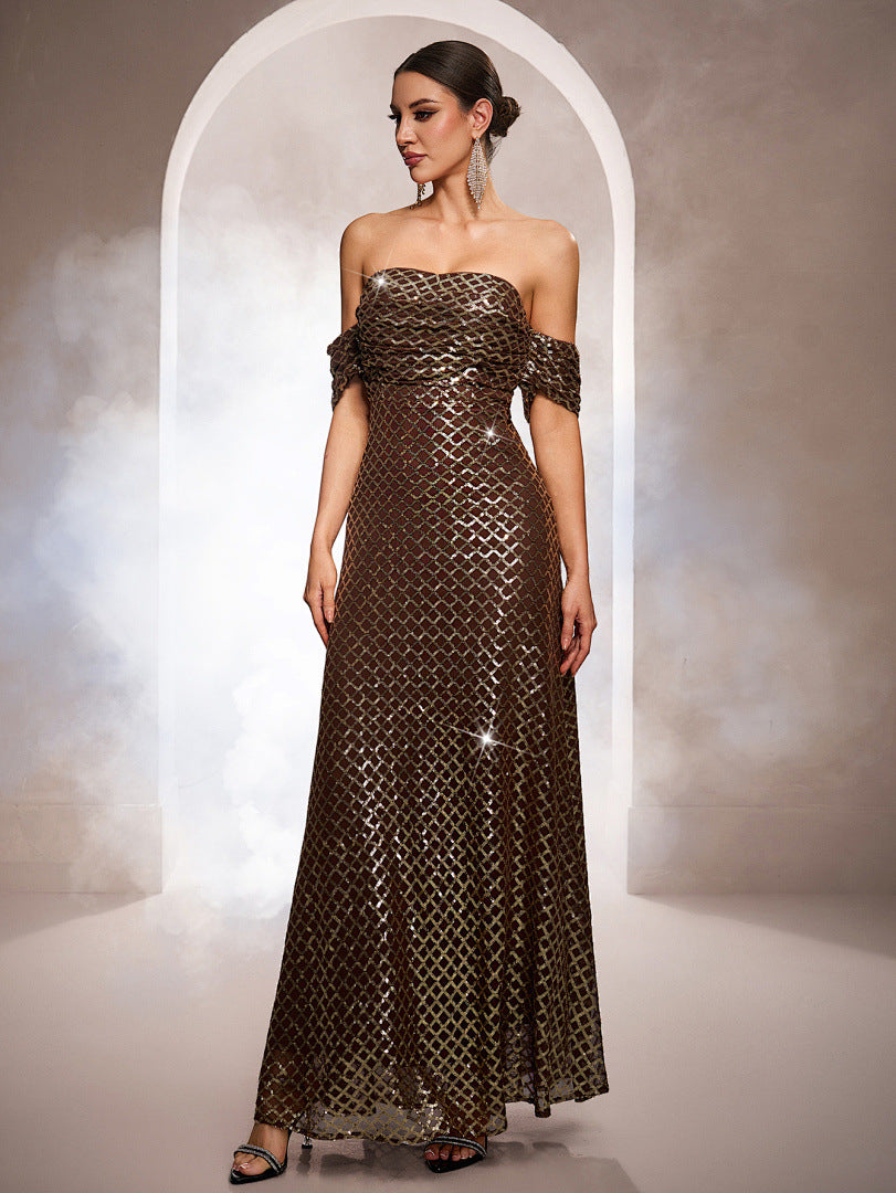 Sleeveless Off-the-shoulder Bodycon Sequined A-line Evening Gown