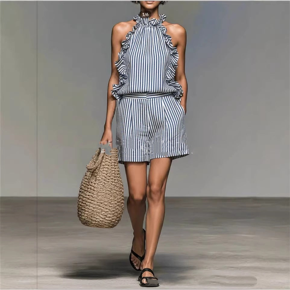 Striped Print Stand Collar Sleeveless Loose Top And Shorts Set