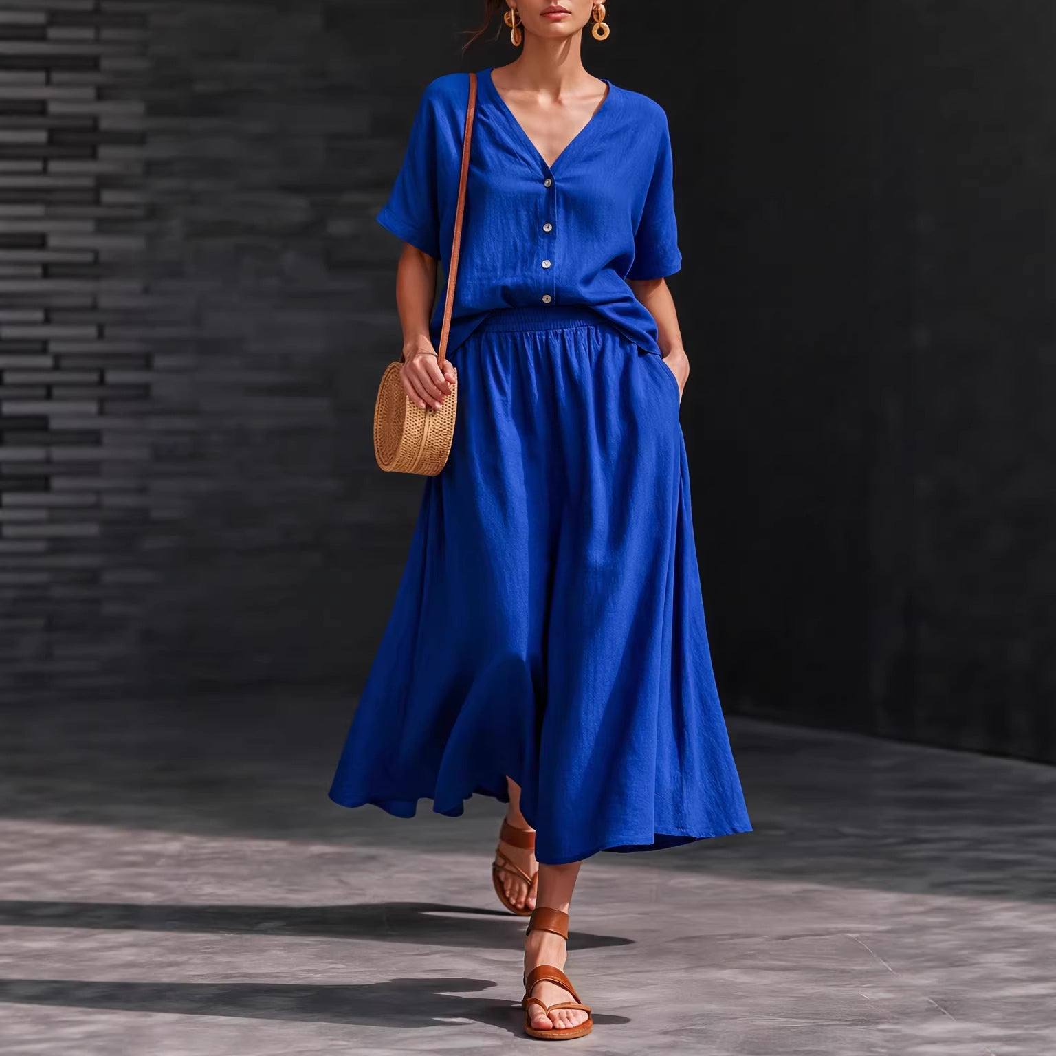 Cotton-linen V-neck Button-up Short-sleeve Top And Skirt Set