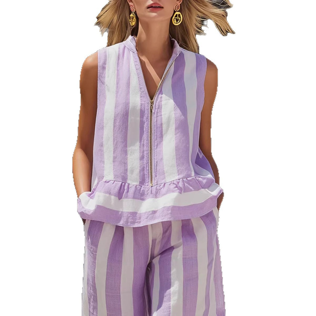 Zip-up Stand-up Collar Shirt And Sleeveless Striped Trousers Two-piece Set