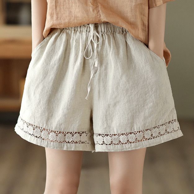 Thin Elastic-Waist Lace-up Hollowed-Out Casual Cotton-Linen Straight Pants