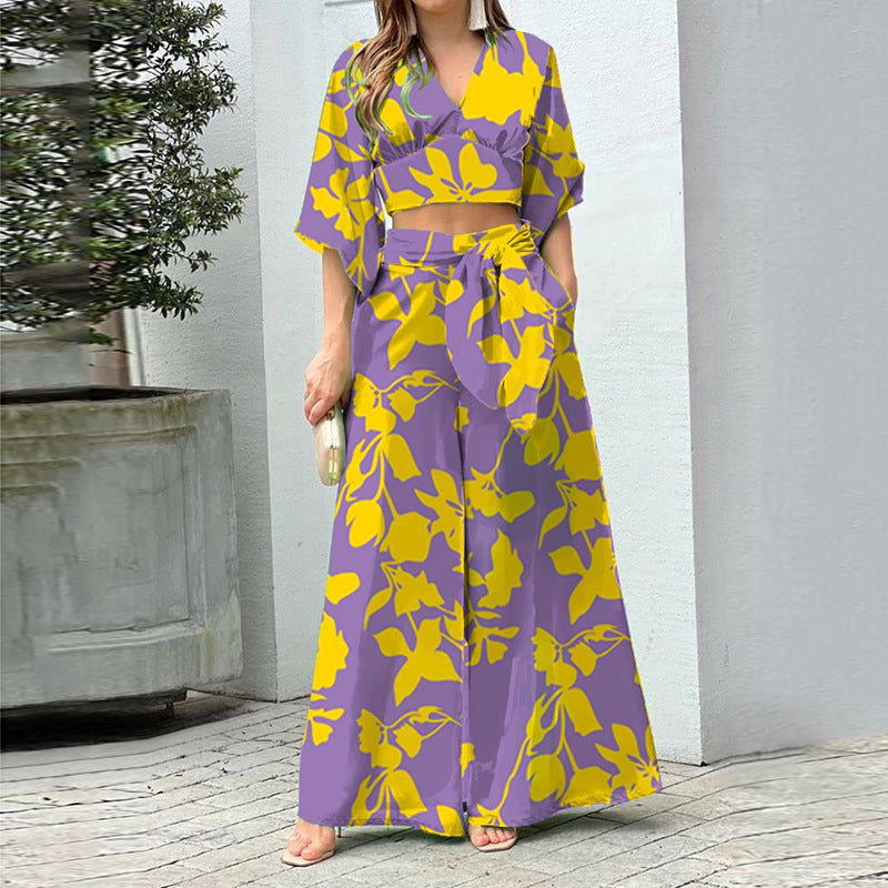 Fashionable Casual Top And High-waisted Wide-leg Pants Set