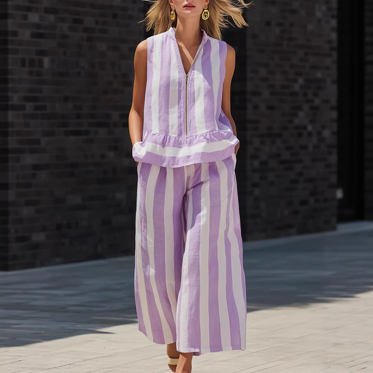 Zip-up Stand-up Collar Shirt And Sleeveless Striped Trousers Two-piece Set