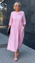 Elegant Pink Pleated Linen Midi Dress