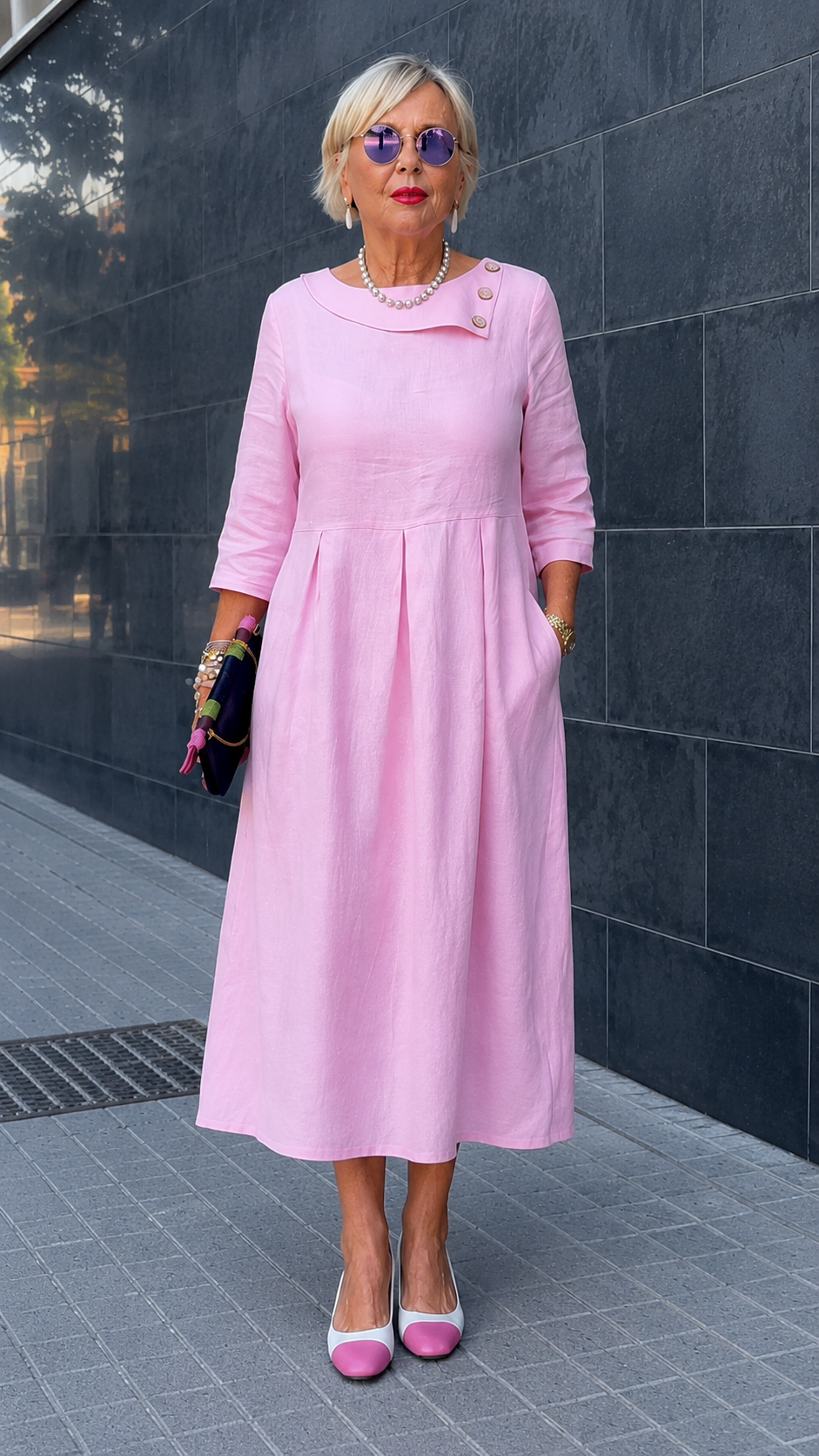 Elegant Pink Pleated Linen Midi Dress