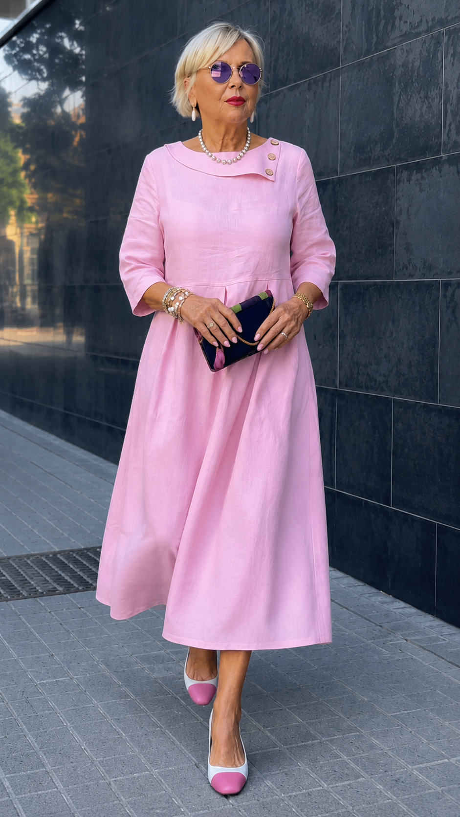 Elegant Pink Pleated Linen Midi Dress