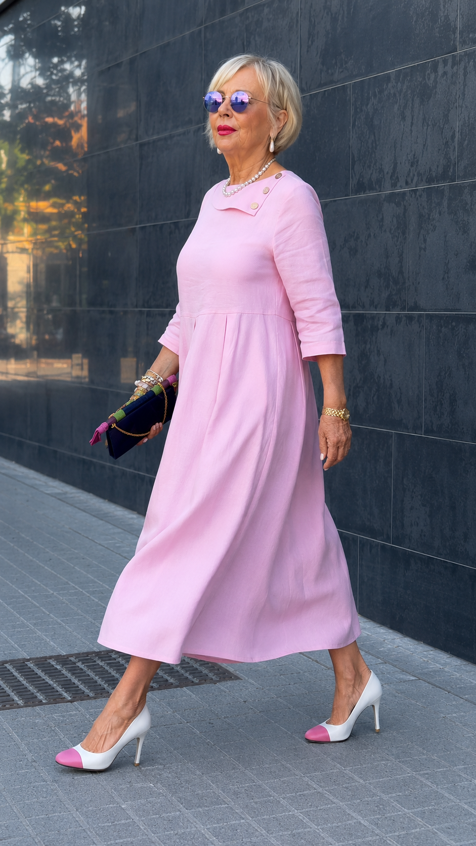 Elegant Pink Pleated Linen Midi Dress
