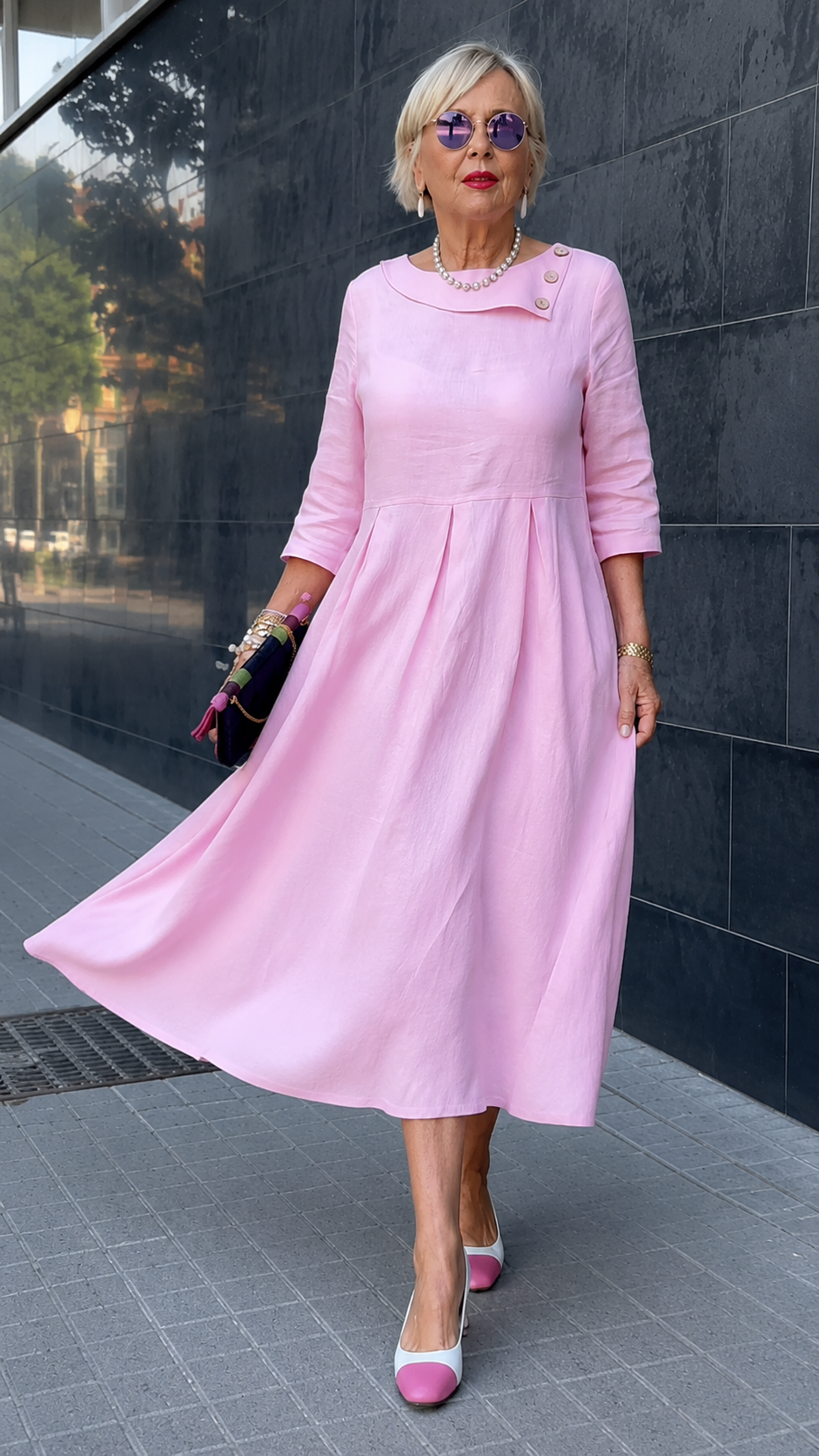 Elegant Pink Pleated Linen Midi Dress
