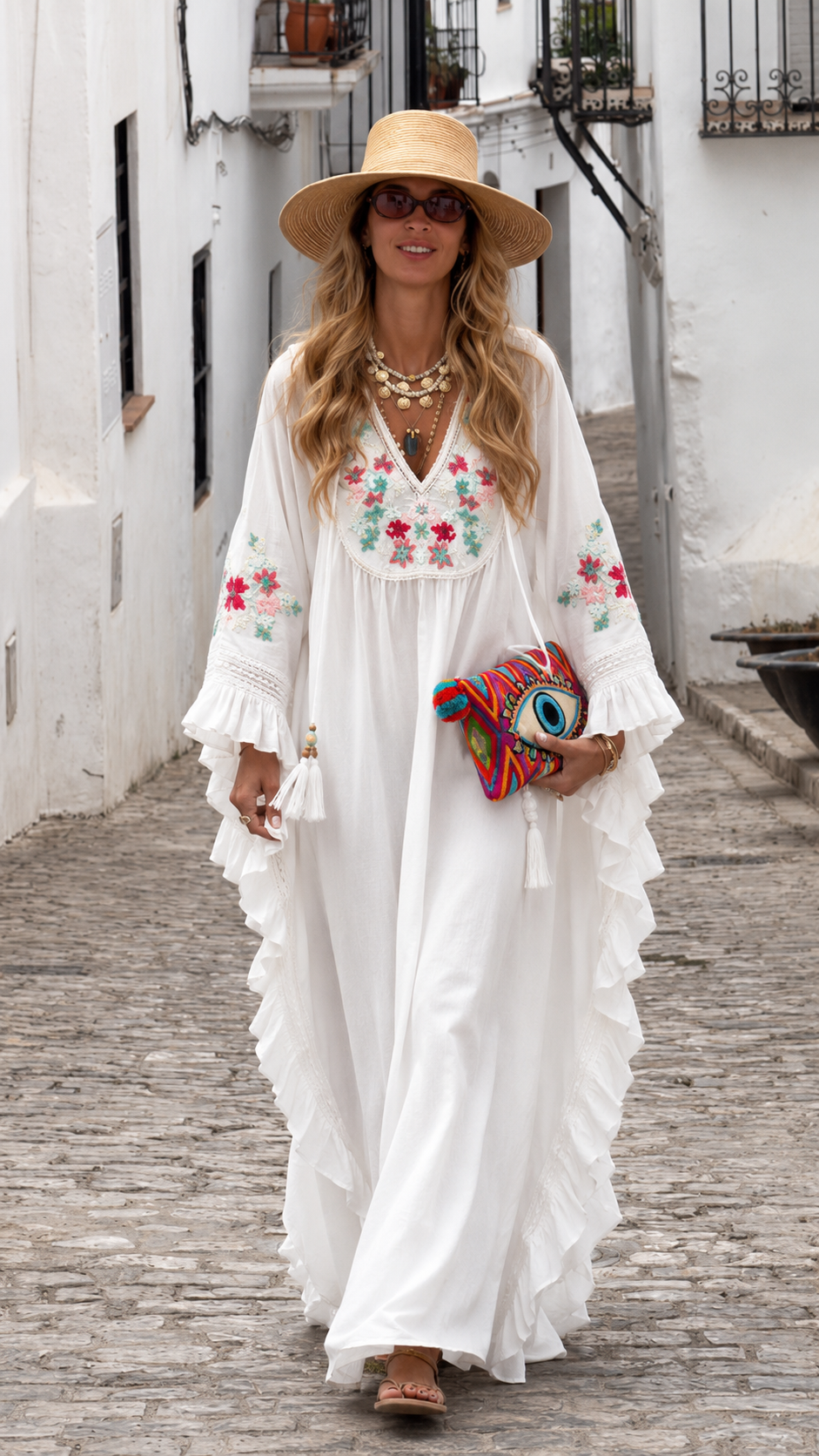 Boho Peach Floral Ruffle Maxi Kaftan