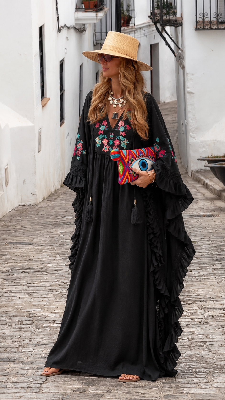 Boho Peach Floral Ruffle Maxi Kaftan