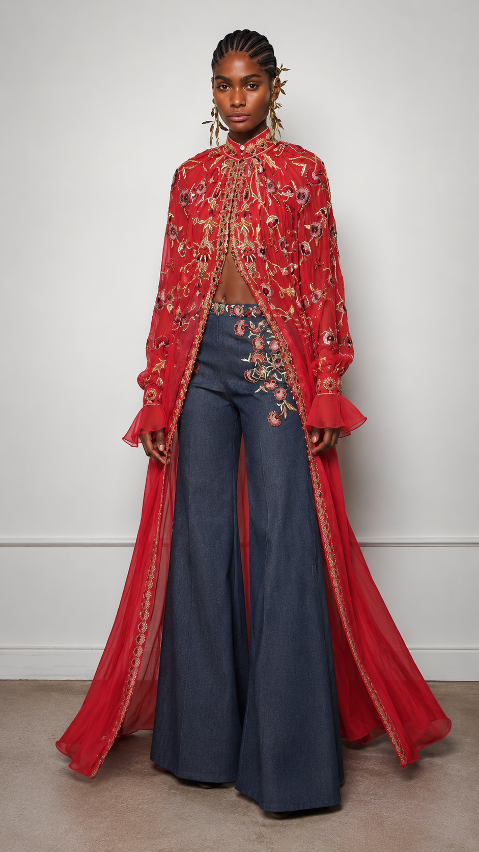 Opulent Crimson Embroidered Sheer Duster Set