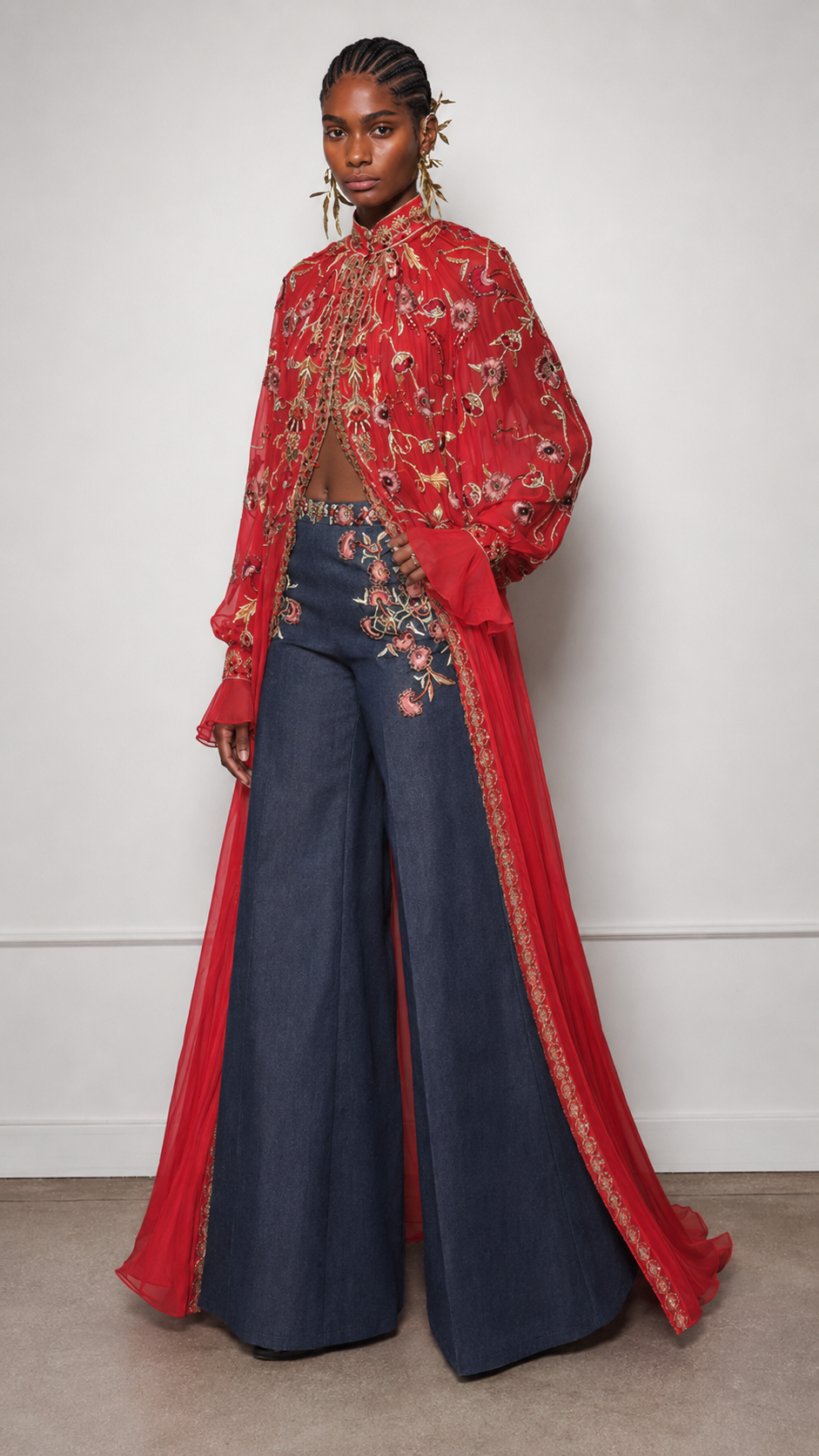 Opulent Crimson Embroidered Sheer Duster Set