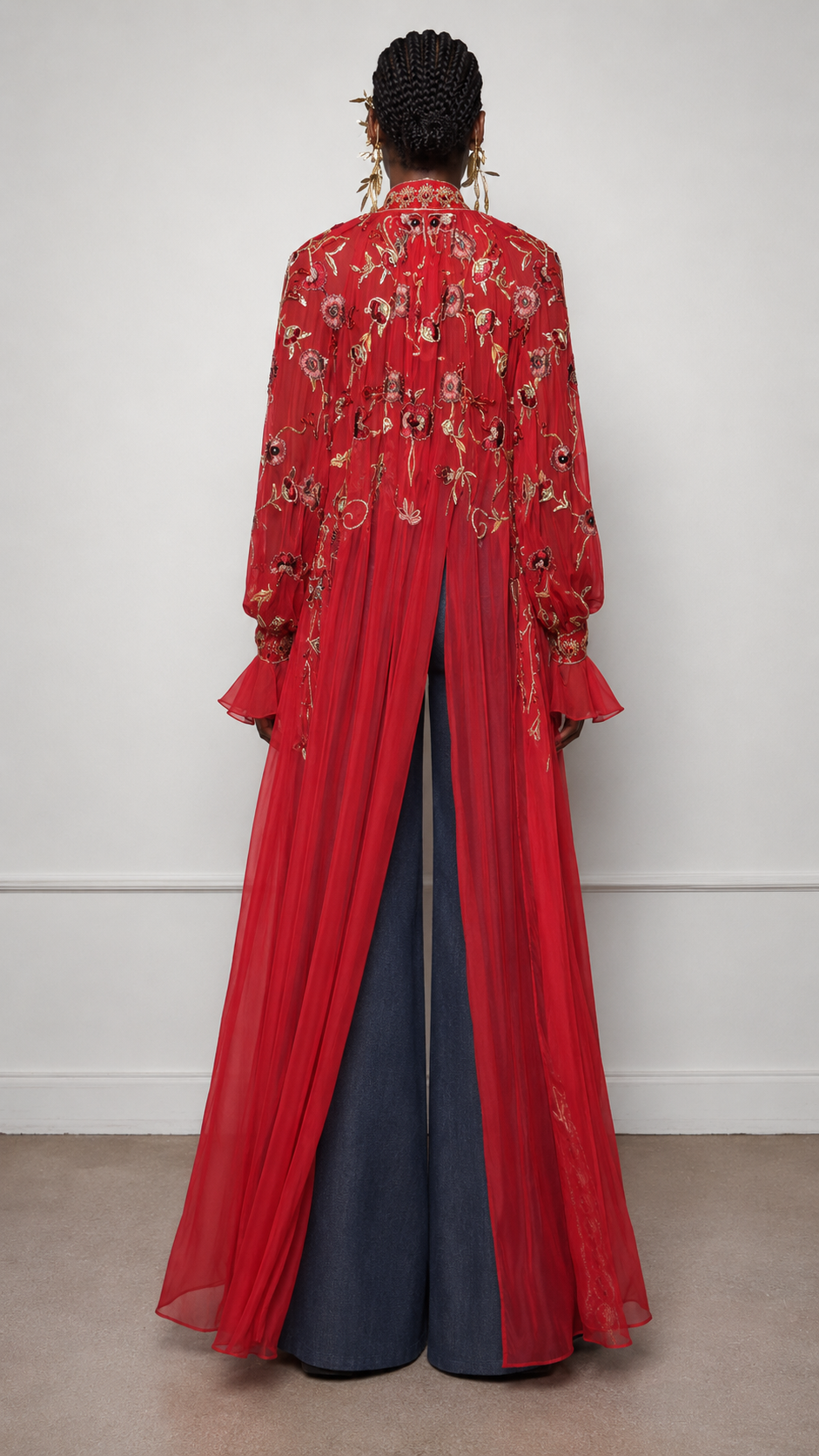Opulent Crimson Embroidered Sheer Duster Set