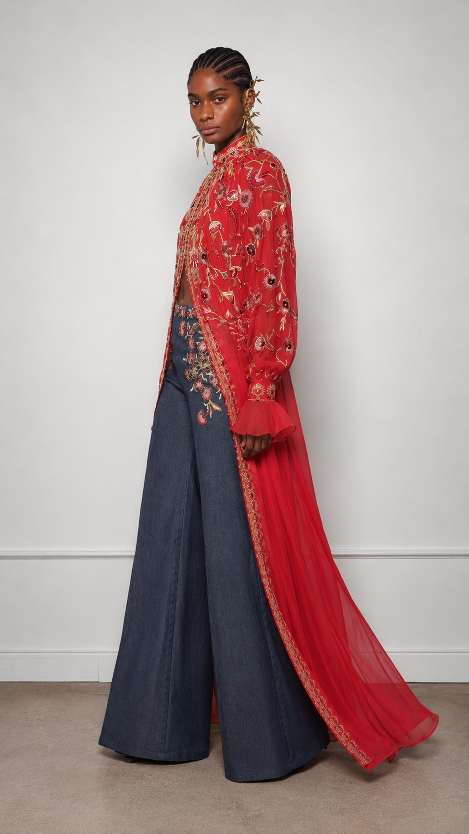 Opulent Crimson Embroidered Sheer Duster Set