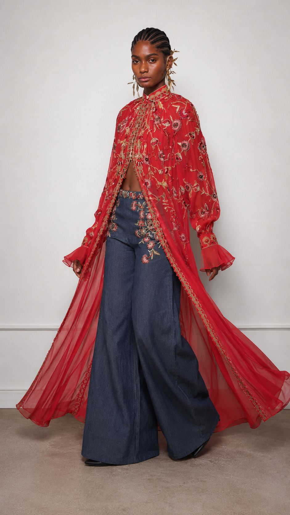 Opulent Crimson Embroidered Sheer Duster Set