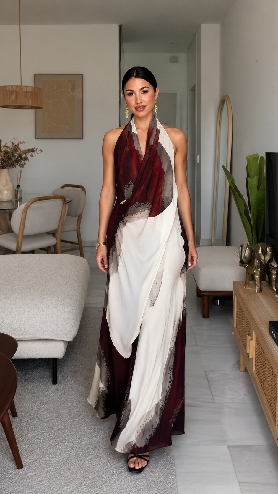 Elegant Burgundy Marble Draped Halter Maxi Dress