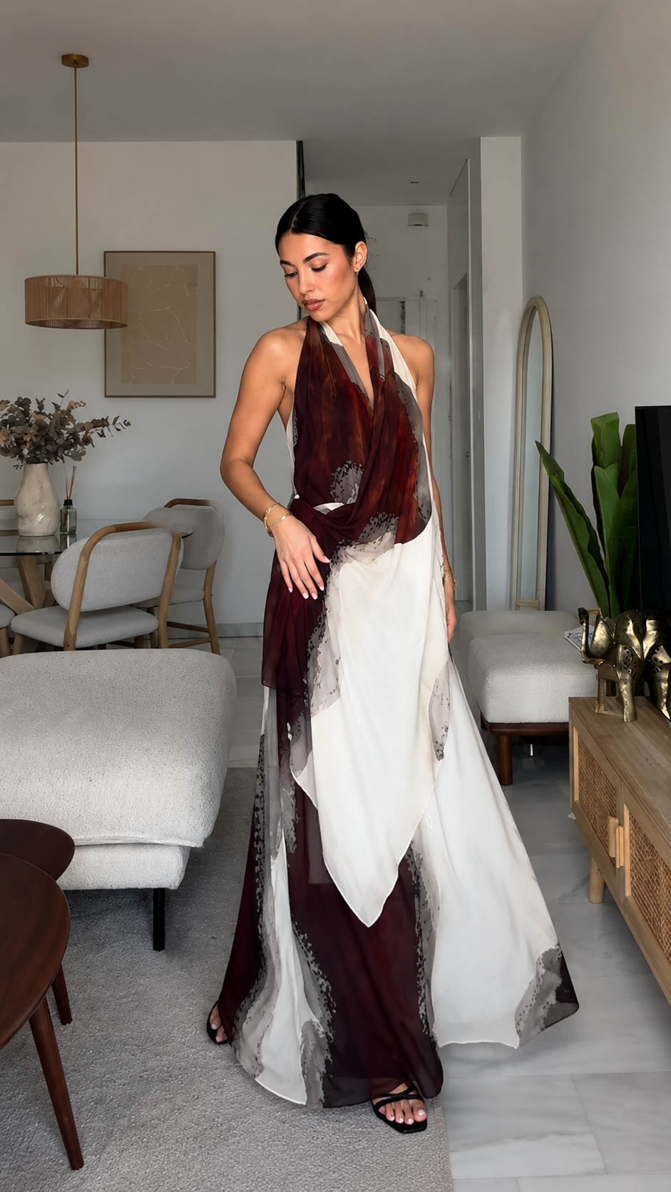 Elegant Burgundy Marble Draped Halter Maxi Dress