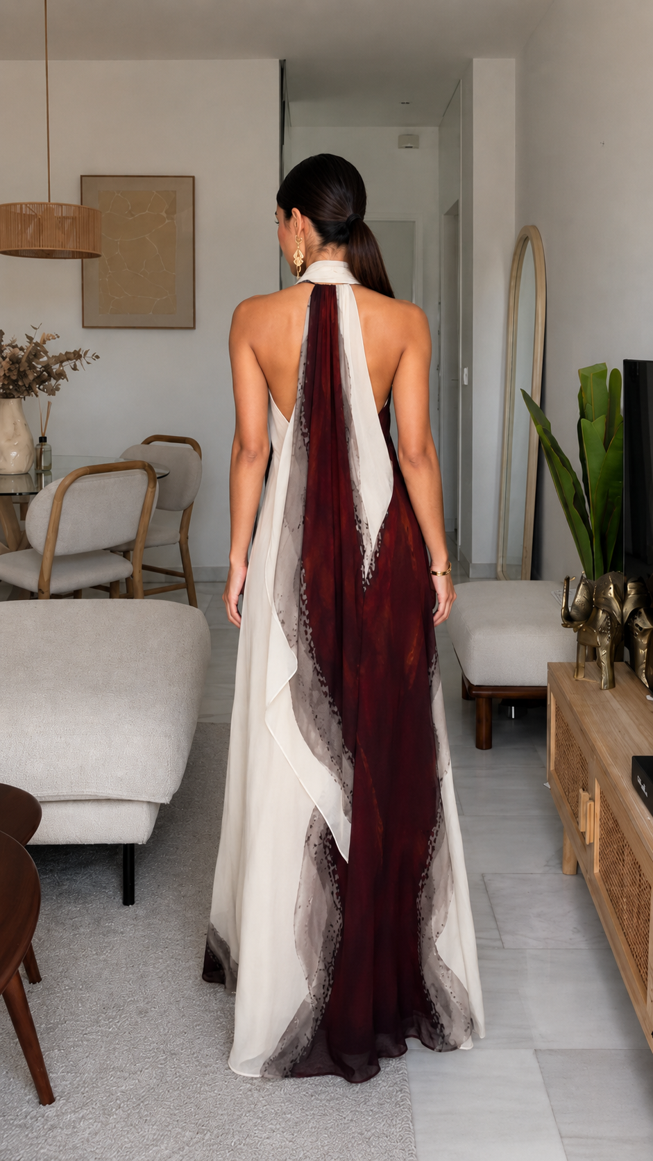 Elegant Burgundy Marble Draped Halter Maxi Dress