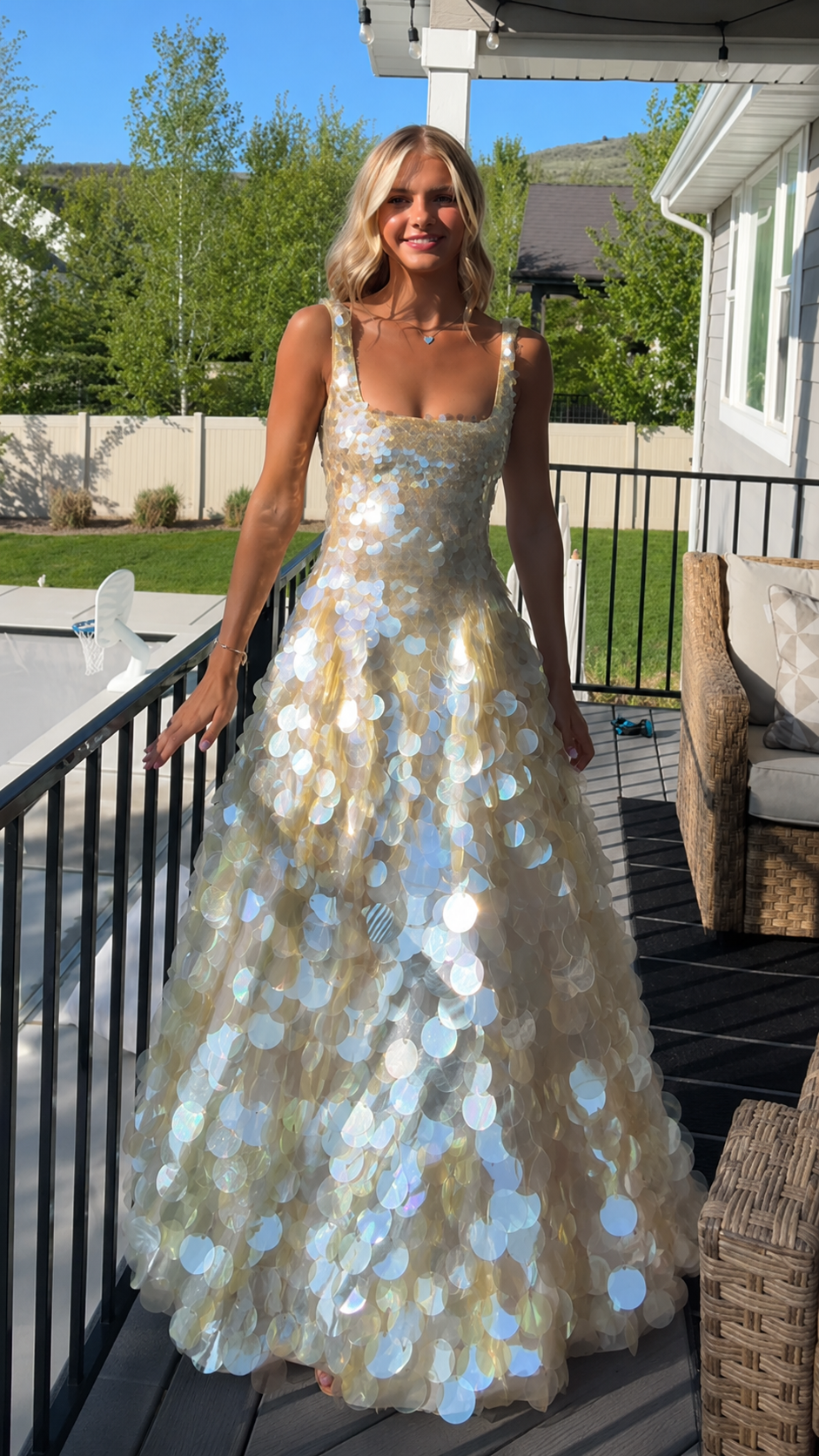 Iridescent Champagne Sequin Ball Gown