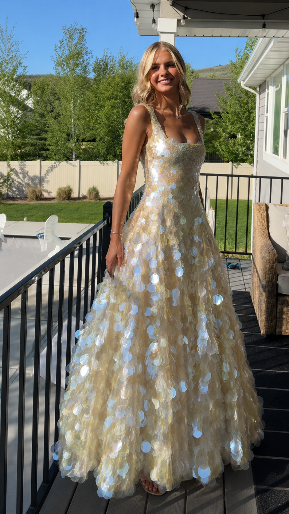 Iridescent Champagne Sequin Ball Gown