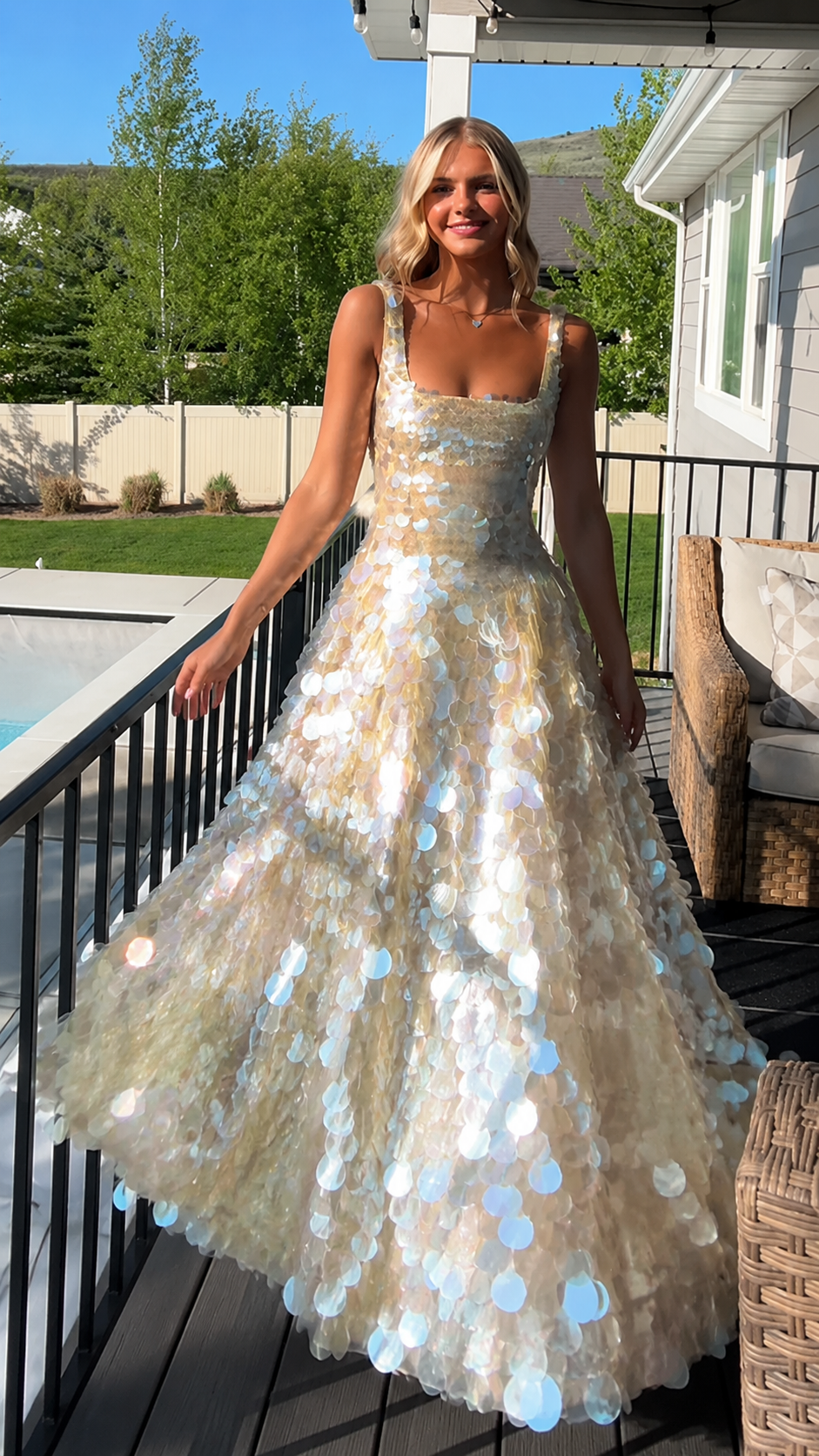 Iridescent Champagne Sequin Ball Gown