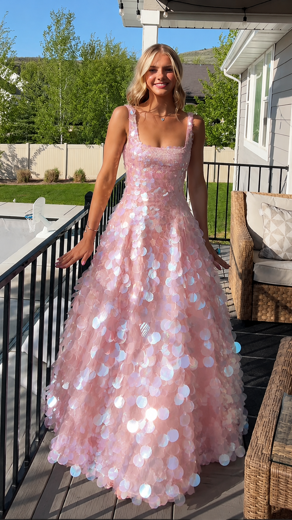Iridescent Champagne Sequin Ball Gown