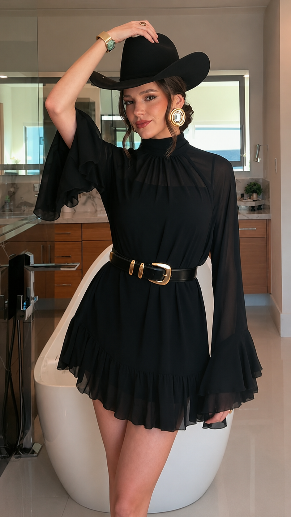 Sultry Black Ruffle Sheer Mini Dress