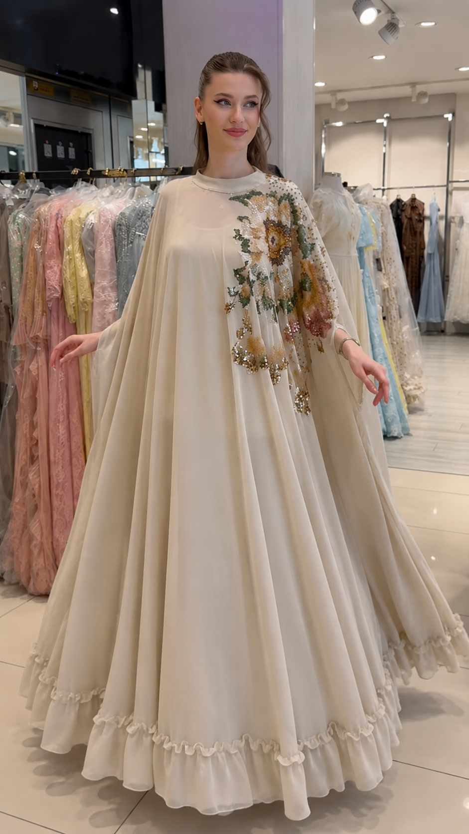 Elegant Cream Floral Sequin Kaftan Gown