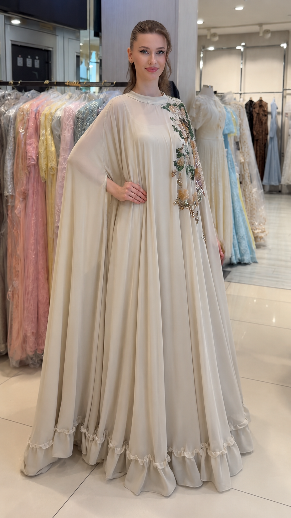 Elegant Cream Floral Sequin Kaftan Gown