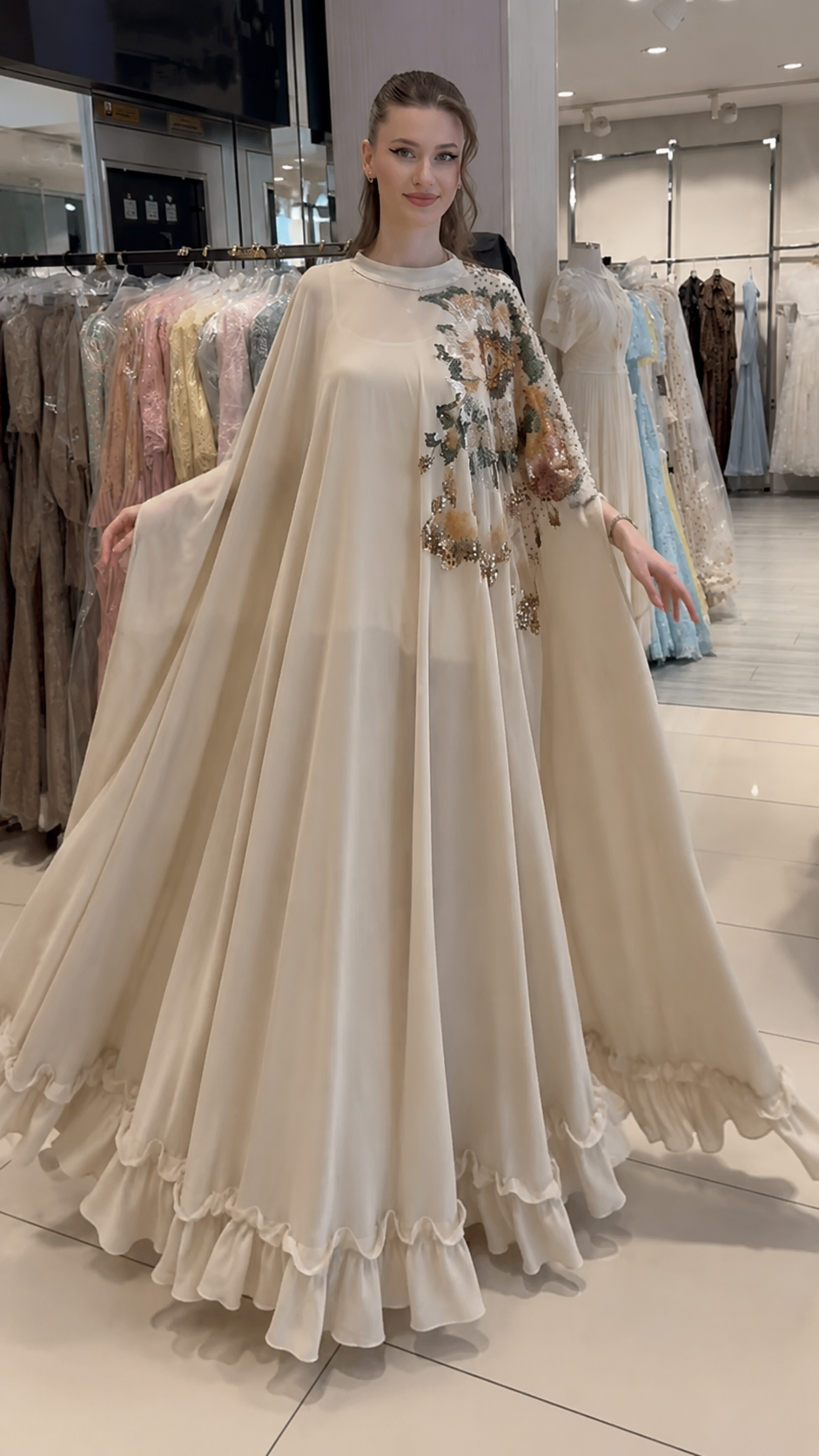 Elegant Cream Floral Sequin Kaftan Gown