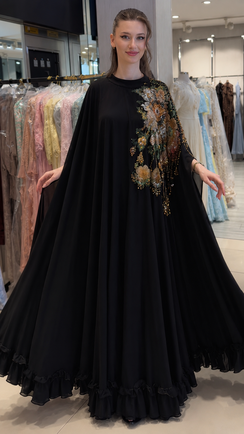 Elegant Cream Floral Sequin Kaftan Gown